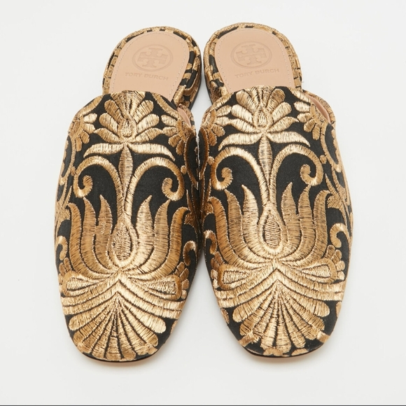 Tory Burch Women's Black and Gold Embroidered mule loafers - Picture 2 of 10